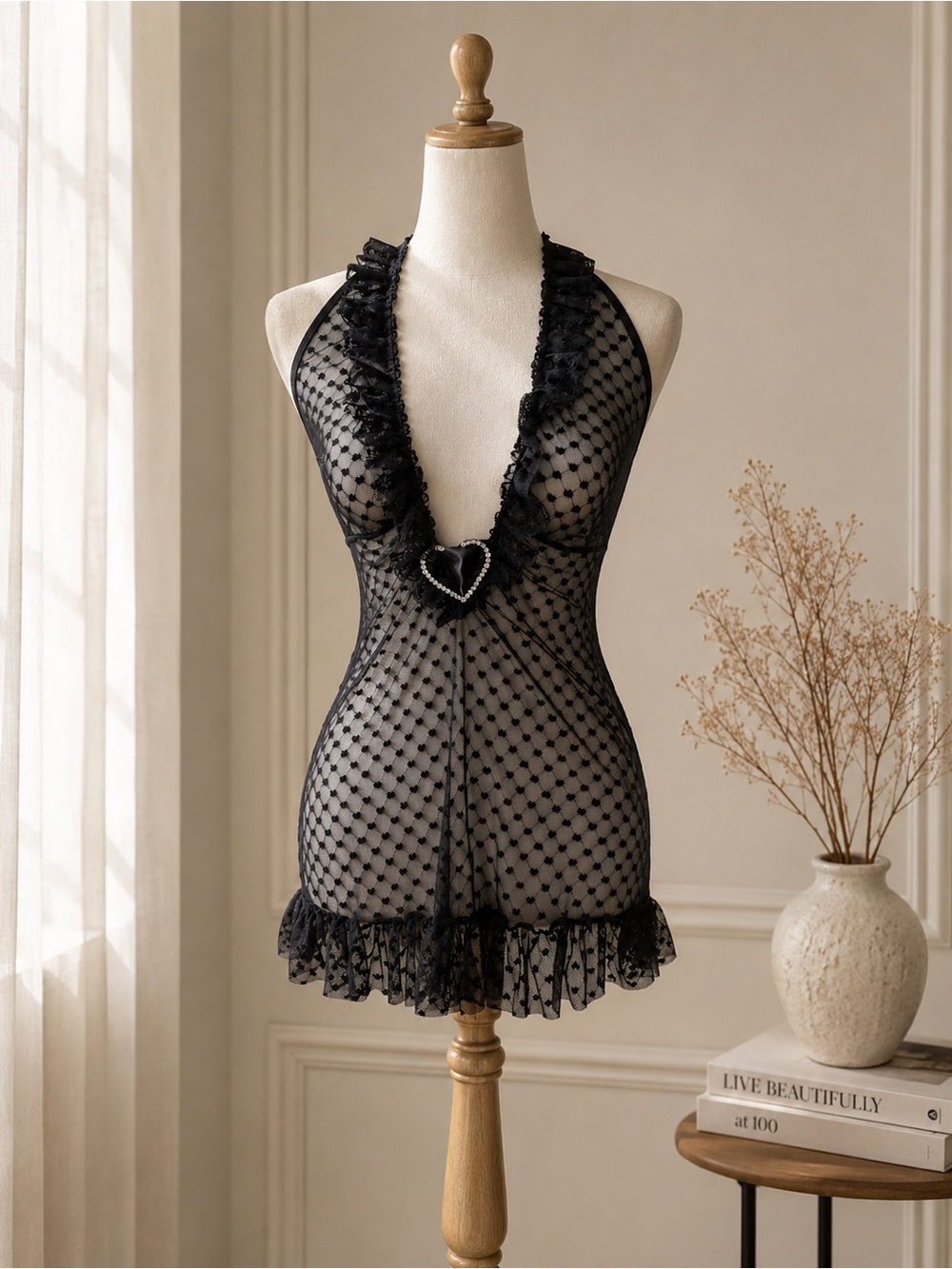 Frederick’s of Hollywood Black Sheer Heart Flocked Mesh Babydoll Chemise M Y2K
